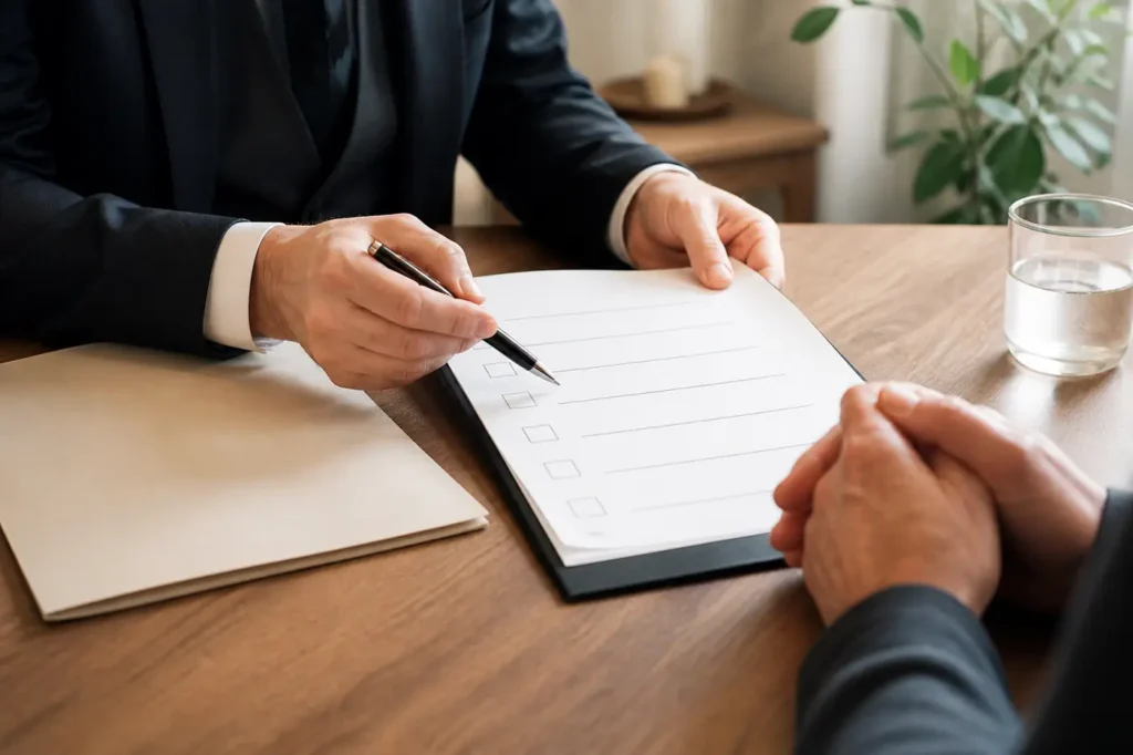 Bestatter erläutert Angehörigen die nächsten Schritte anhand einer Checkliste