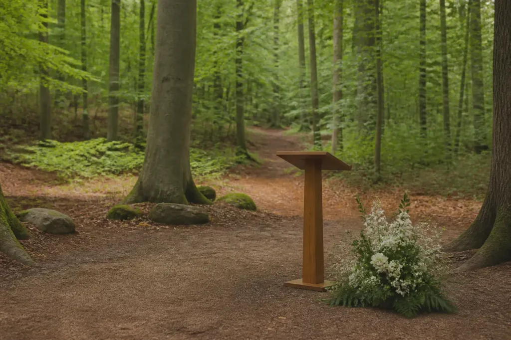 Schlichter Abschiedsplatz mit Blumen in einem ruhigen Wald