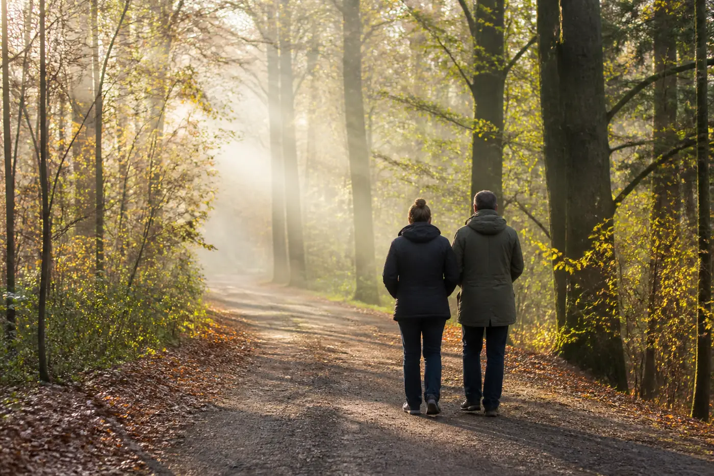 Zwei Angehörige gehen gemeinsam auf einem breiten Waldweg