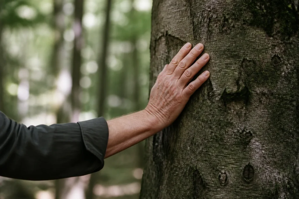 Hand berührt einen Baumstamm als Symbol für einen persönlichen Abschied im Wald