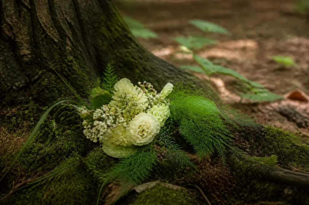 Weiße Waldblumen an den Wurzeln eines alten Baumes