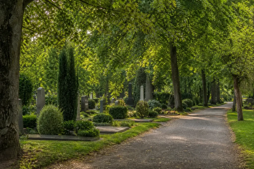 Baumbestandener Weg auf einem Göttinger Friedhof