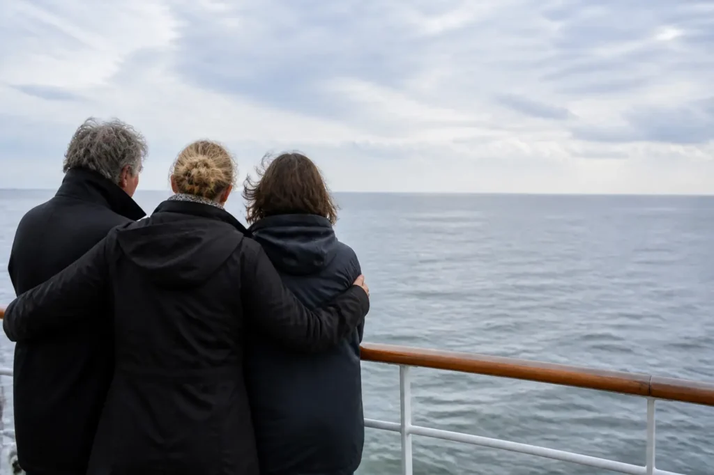 Angehörige stehen gemeinsam an der Reling und blicken auf das Meer