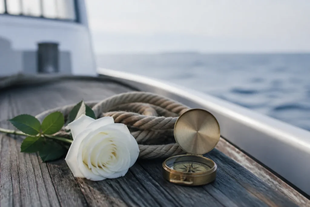 Weiße Rose, Schiffstau und Kompass als Symbole einer Seebestattung