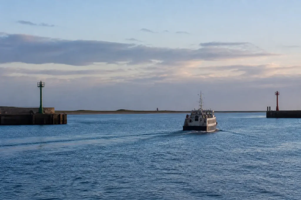 Kleines Passagierschiff verlässt am Morgen einen ruhigen Hafen